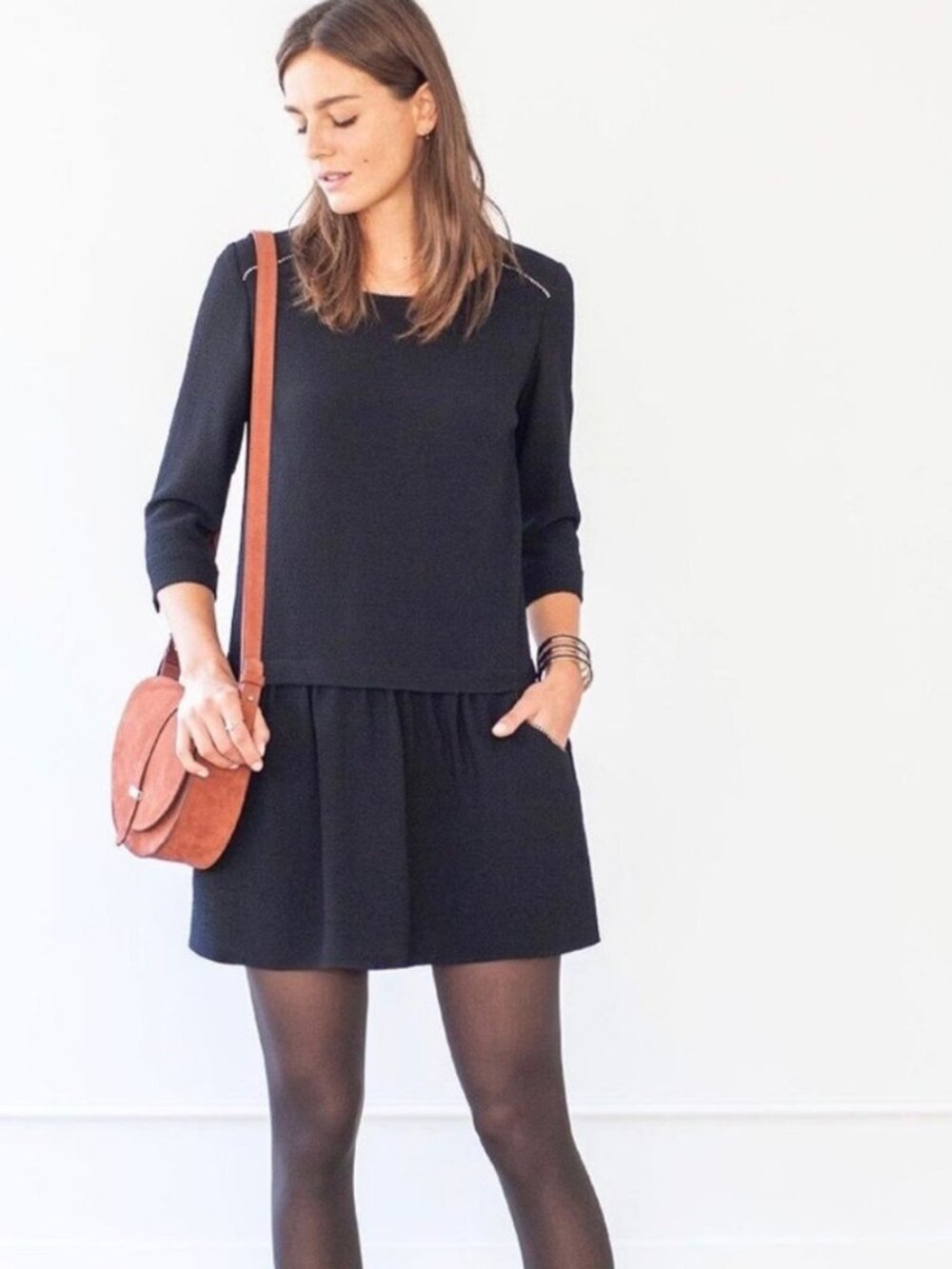Sezane Womens Anna Mini Dress Black Size 34 US 2 Drop Waist Pockets 3/4 Sleeves